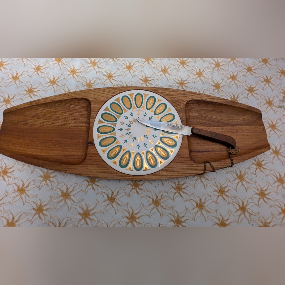 Vintage 1960'S Fred Press Cheese Charcuterie Board by Serv Wood w/ Ceramic Trive